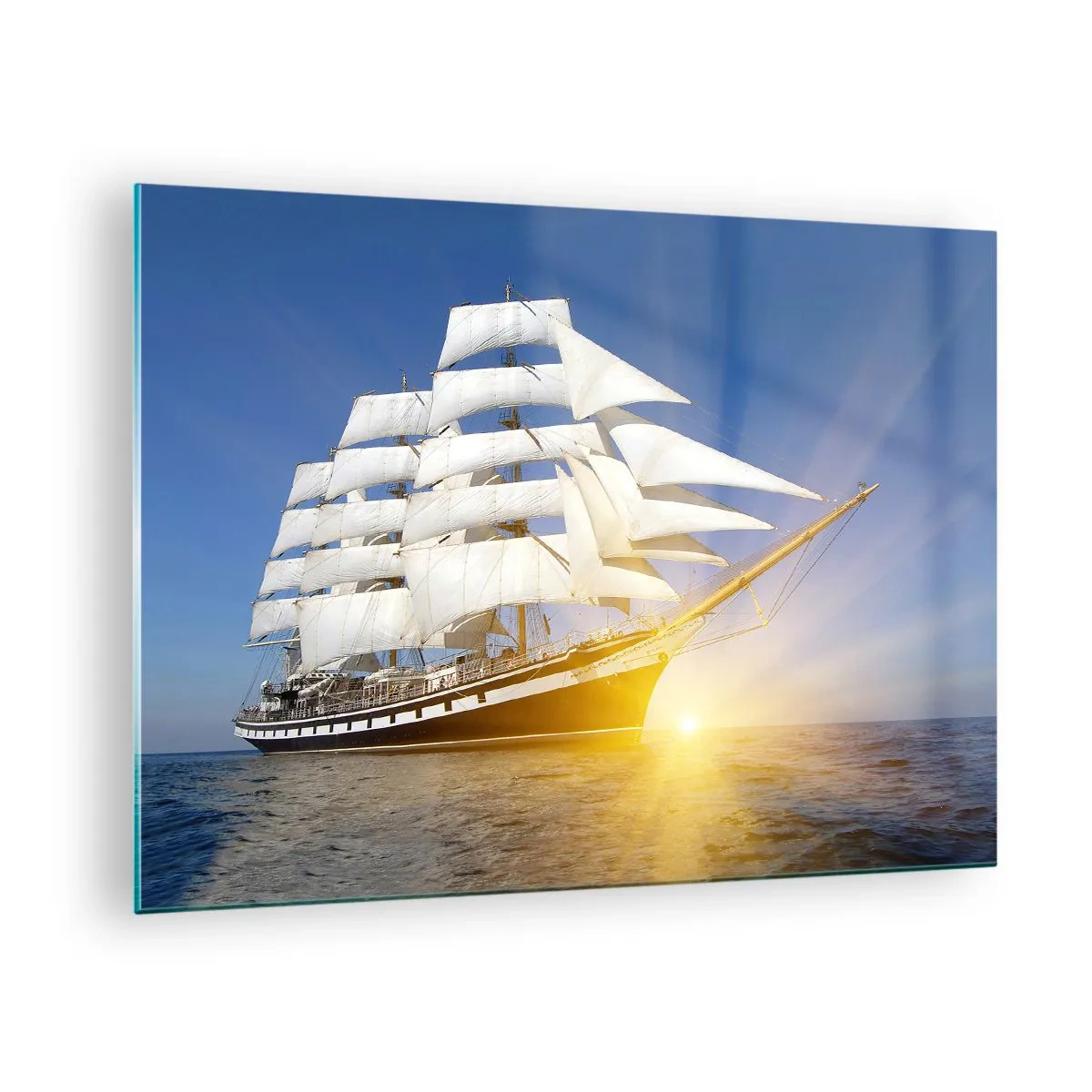 Glasbild - Bild auf glas - Ein von den Sonnenstrahlen beleuchtetes Segelschiff auf offener See - 70x50cm - Ihre Zeit wird nie vergehen - Moderne Wanddekoration für Wohnzimmer und Schlafzimmer ARTTOR