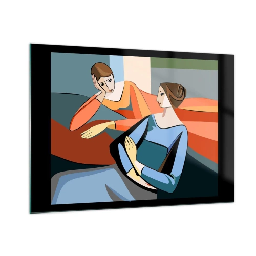 Glasbild - Bild auf glas - Eine geometrische Szene eines Gesprächs zwischen zwei Frauen vor dem Hintergrund eines Innenraums. - 100x70cm - Moment der Zuversicht - Moderne Wanddekoration für Wohnzimmer und Schlafzimmer ARTTOR