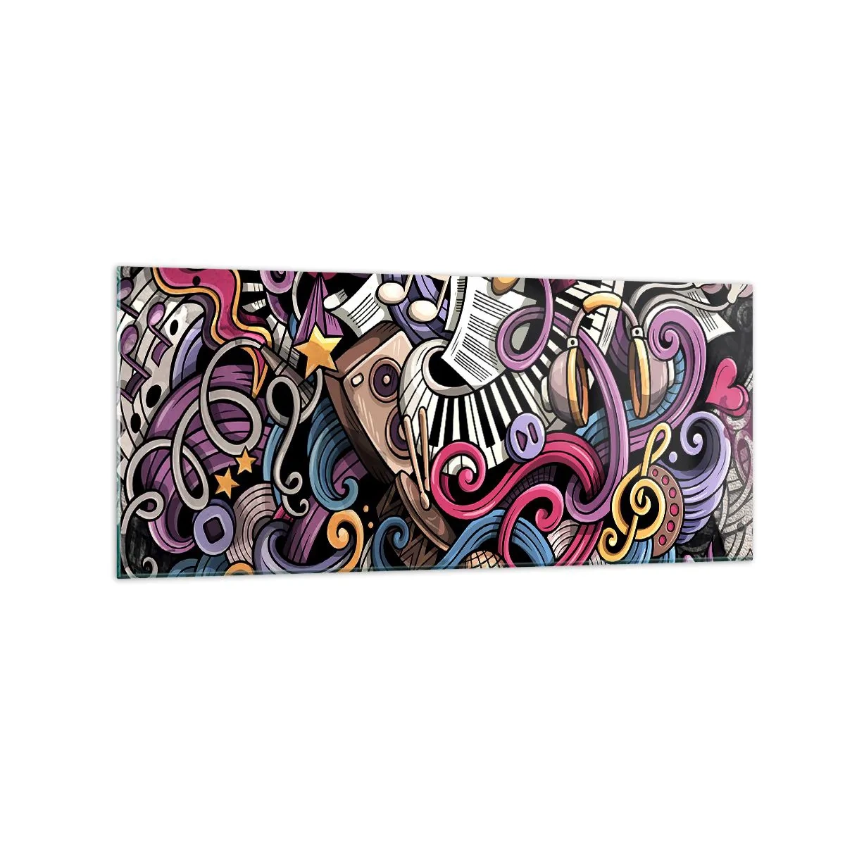 Glasbild - Bild auf glas - Eine musikalische Abstraktion voller farbenfroher Instrumente und Noten. - 120x50cm - Komplizierte Melodie - Moderne Wanddekoration für Wohnzimmer und Schlafzimmer ARTTOR