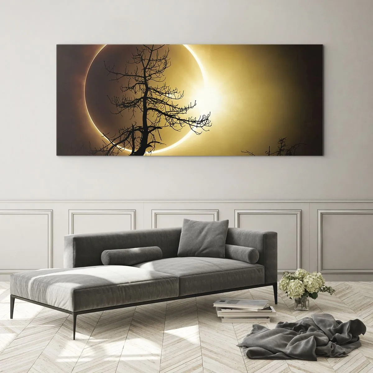 Glasbild - Bild auf glas - Sonnenfinsternis mit einer Baumsilhouette im Vordergrund - 120x50cm - Totale Finsternis - Moderne Wanddekoration für Wohnzimmer und Schlafzimmer ARTTOR