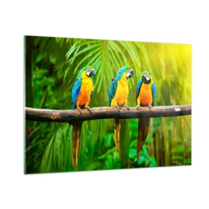 Glasbild - Bild auf glas - Drei Ara-Papageien auf einem Ast in einem tropischen Wald - 100x70cm - Und hast du gehört, dass sie ...? - Moderne Wanddekoration für Wohnzimmer und Schlafzimmer ARTTOR
