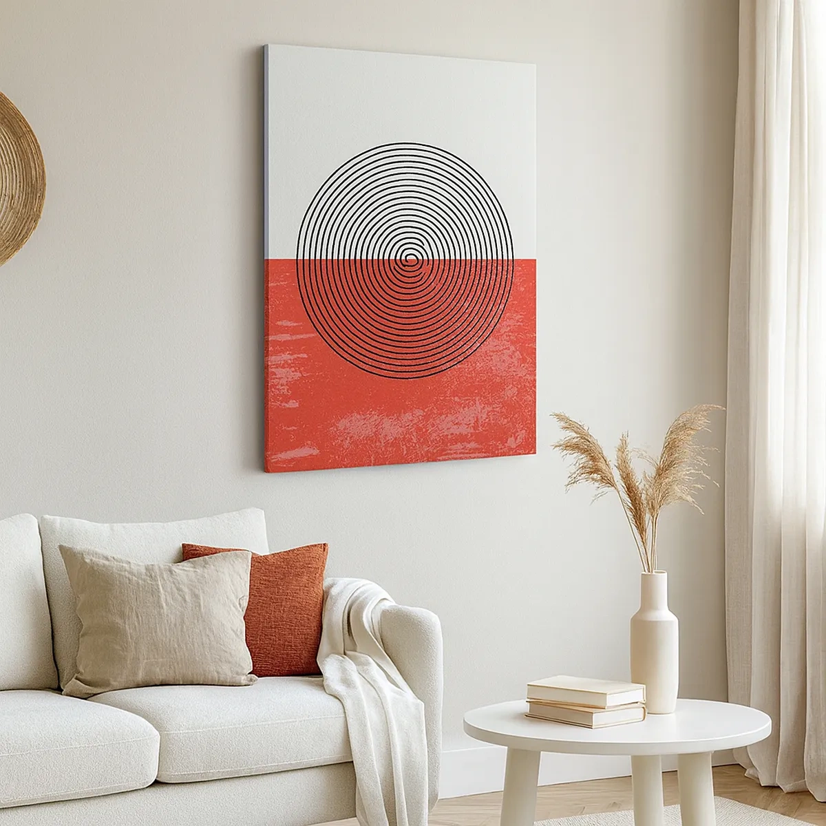 Bild auf Leinwand - Leinwandbild - Geometrisches Muster mit konzentrischen Kreisen auf rot-weißem Hintergrund - 50x70cm - Auf den Punkt gebracht - Moderne Wanddekoration für Wohnzimmer und Schlafzimmer ARTTOR