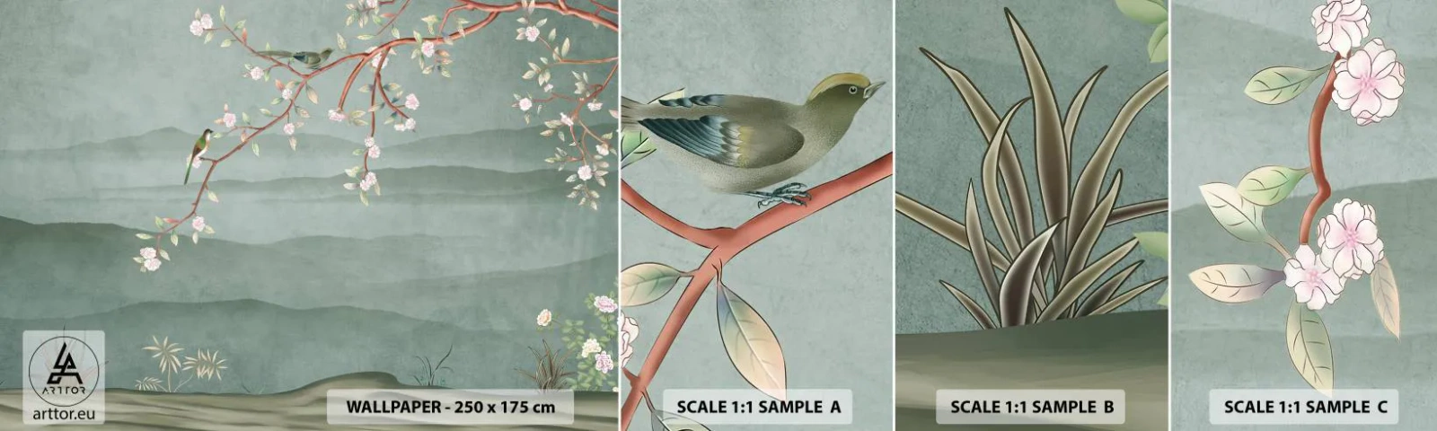 Fototapetenmuster Standard Eco - Frühling, oh, du bist es - Pastell, Vögel, Blumen - 100x30 cm