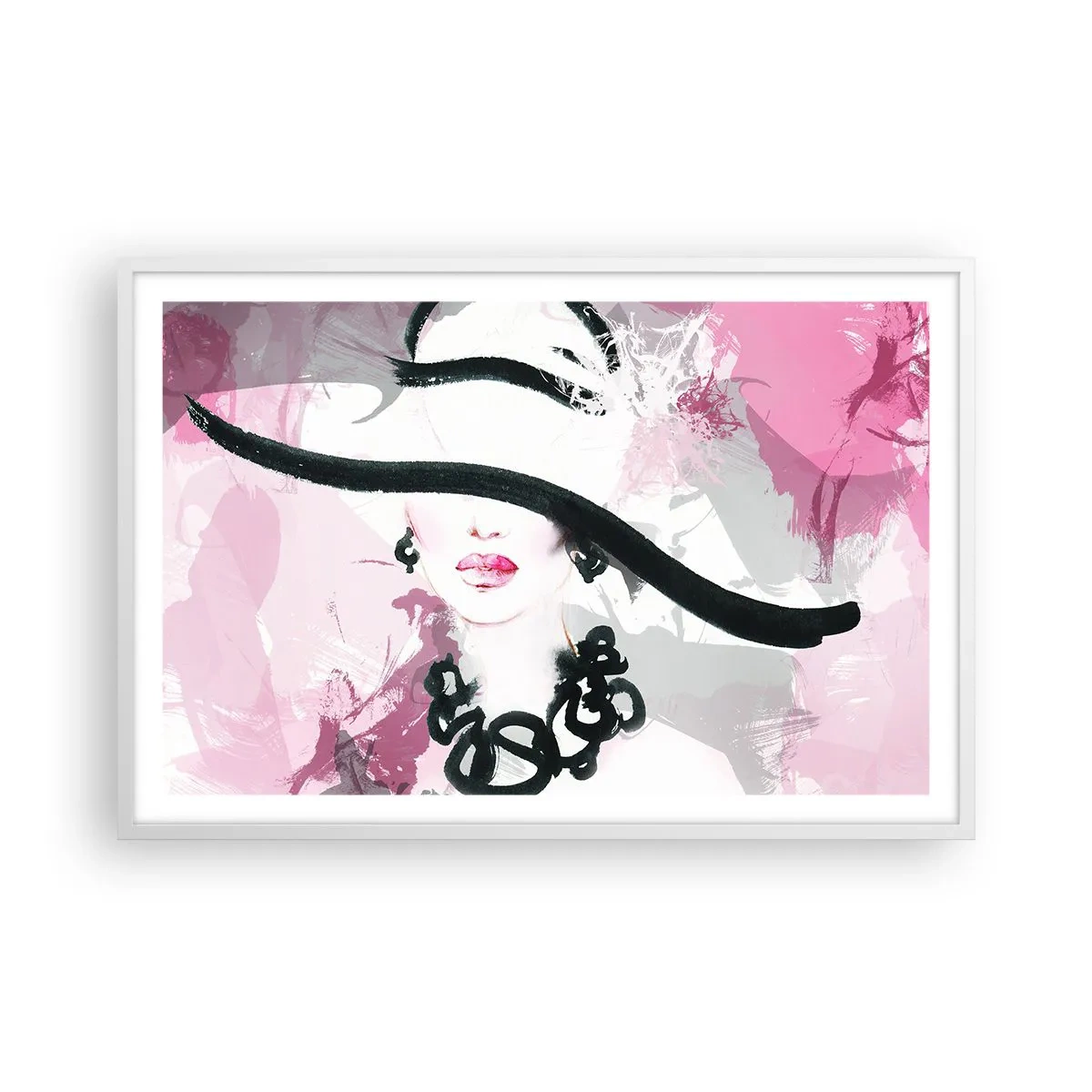 Poster in einem weißen Rahmen - Bildnis einer Dame in Schwarz und Pink - 91x61 cm