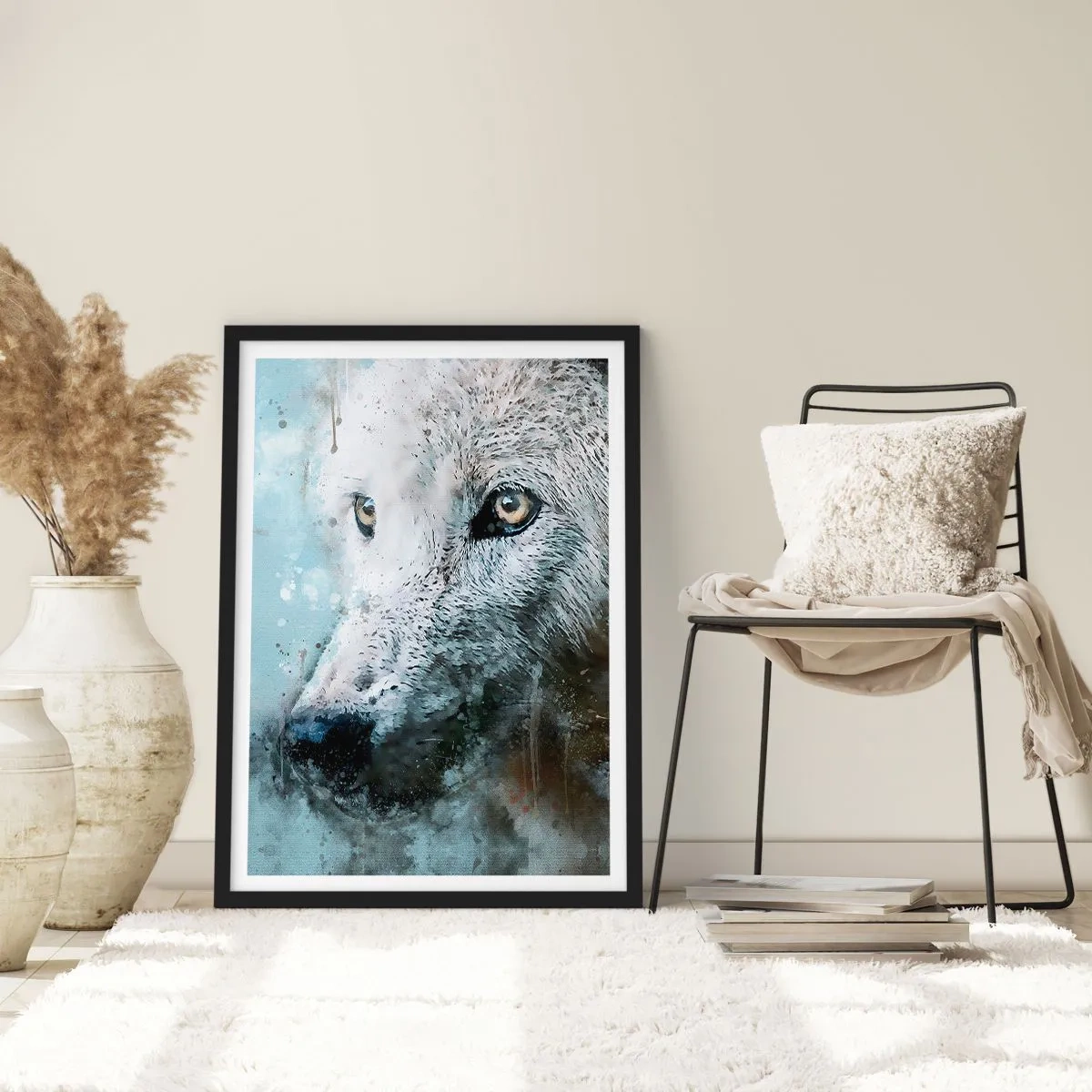 Poster in einem schwarzem Rahmen - Wolfsporträt mit künstlerischen Aquarelldetails - 50x70cm - Lerne die Wolfsseele kennen - Moderne Wanddekoration für Wohnzimmer und Schlafzimmer ARTTOR