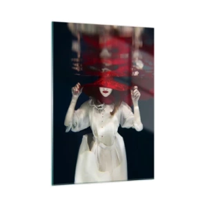 Glasbild - Bild auf glas - Frau mit rotem Hut unter Wasser - 50x70cm - Boshafte Göttin in der slawischen Mythologie - Moderne Wanddekoration für Wohnzimmer und Schlafzimmer ARTTOR