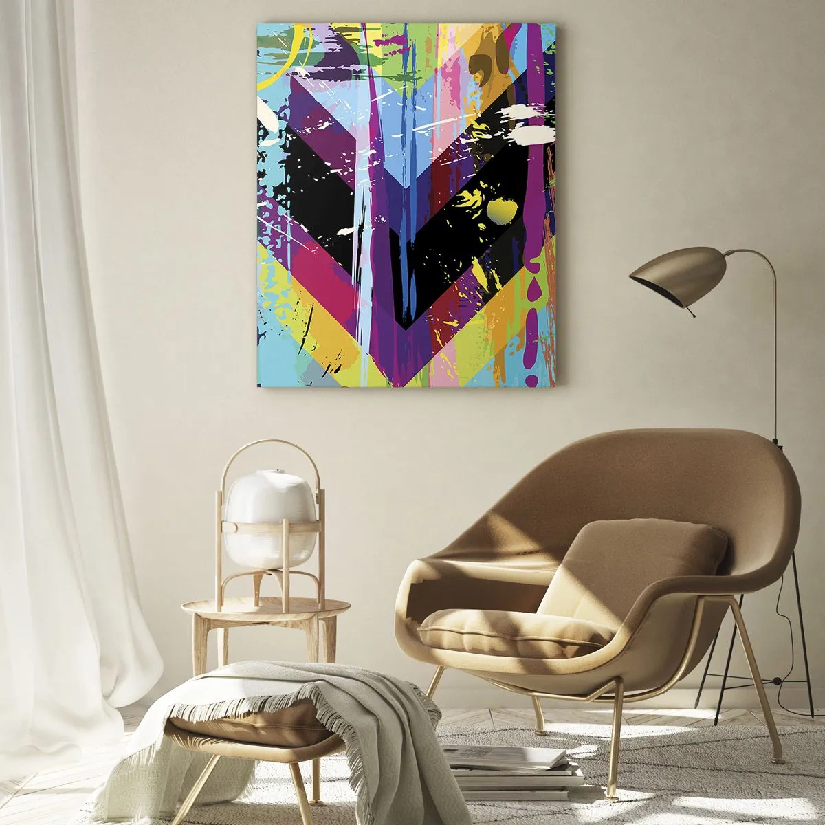 Glasbild - Bild auf glas - Bunte Abstraktion mit dynamischen Formen und intensiven Farben - 50x70cm - Von oben nach unten - Moderne Wanddekoration für Wohnzimmer und Schlafzimmer ARTTOR