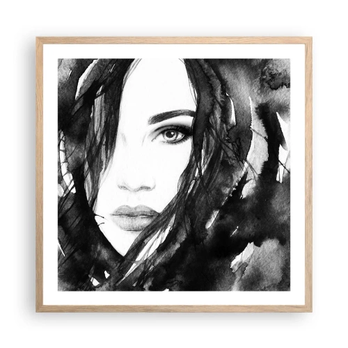 Poster in einem Rahmen aus heller Eiche - Porträt einer Dame in Schwarzweiß - 60x60 cm