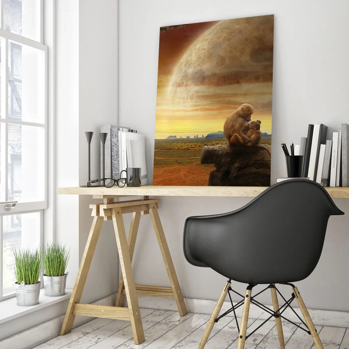 Glasbild - Bild auf glas - Affen sitzen auf einem Felsen mit einem riesigen Mond im Hintergrund - 50x70cm - Die Liebe ist überall gleich - Moderne Wanddekoration für Wohnzimmer und Schlafzimmer ARTTOR