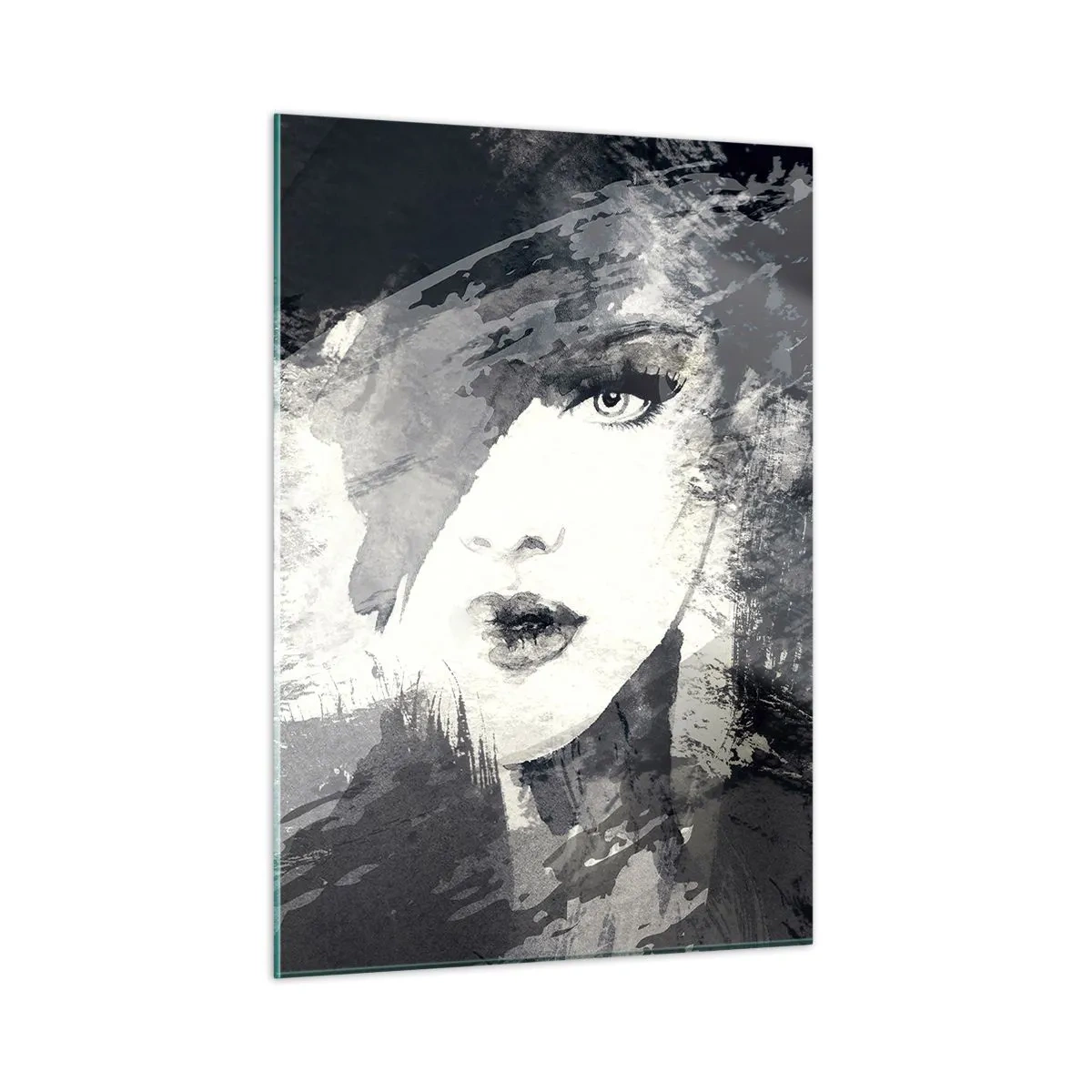 Glasbild - Bild auf glas - Das Gesicht einer Frau ist teilweise mit abstrakten grauen Flecken bedeckt. - 50x70cm - Hinter einem grauen Schleier - Moderne Wanddekoration für Wohnzimmer und Schlafzimmer ARTTOR