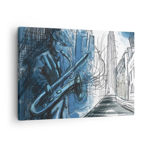 Bild auf Leinwand - Leinwandbild - Eine Saxophon spielende Figur vor dem Hintergrund einer Stadt - 70x50cm - Urbane Rhapsodie - Moderne Wanddekoration für Wohnzimmer und Schlafzimmer ARTTOR