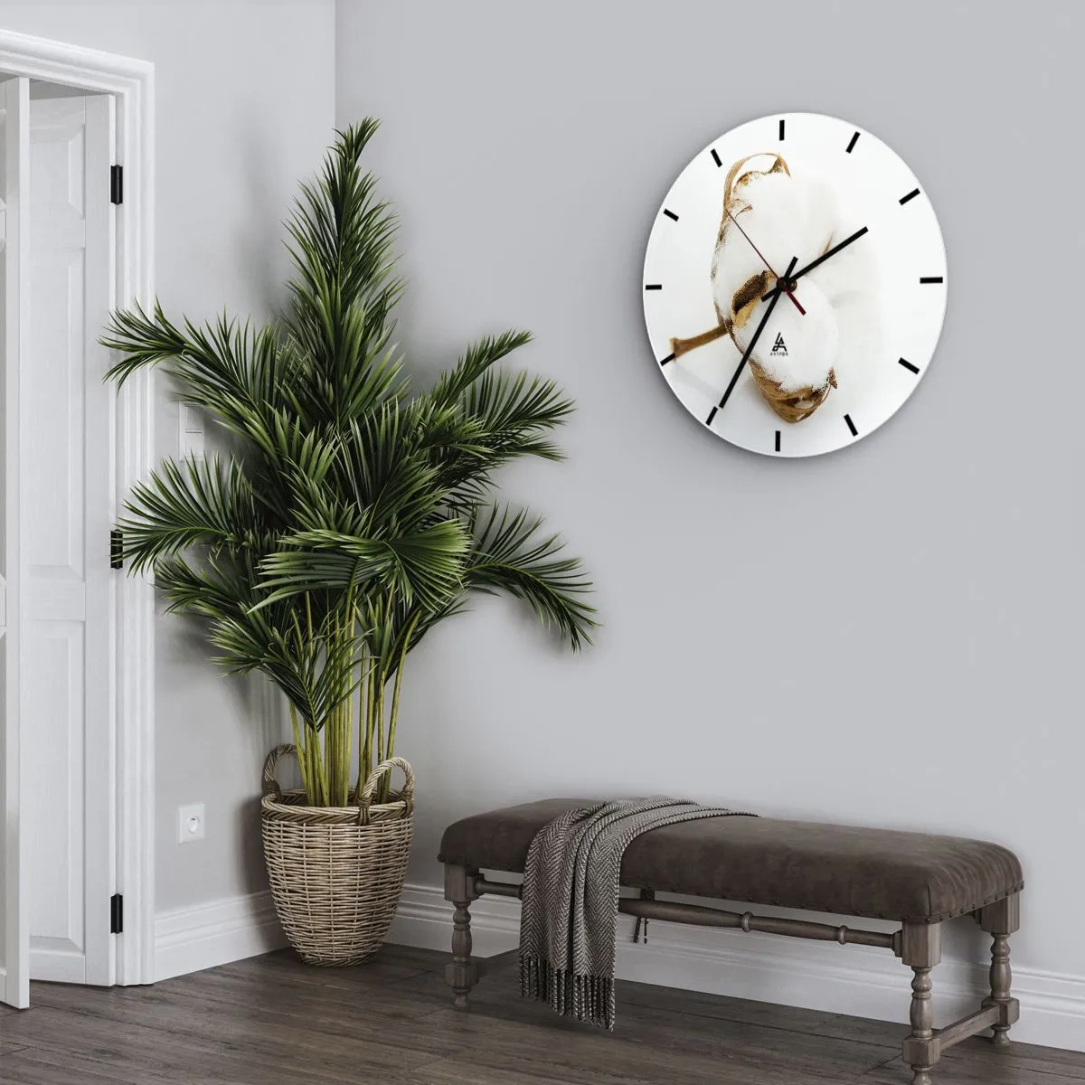 Wanduhr - Glasuhr - Ein natürlicher Baumwollzweig auf weißem Hintergrund - 30x30cm - Von Natur aus weich - Moderne Wanddekoration für Wohnzimmer, Küche und Schlafzimmer ARTTOR