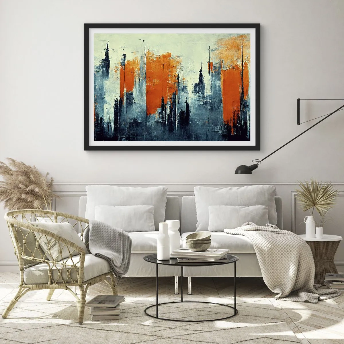Poster in einem schwarzem Rahmen - Abstrakte Stadtlandschaft in Orange- und Blautönen - 70x50cm - Moderne Landschaft - Moderne Wanddekoration für Wohnzimmer und Schlafzimmer ARTTOR