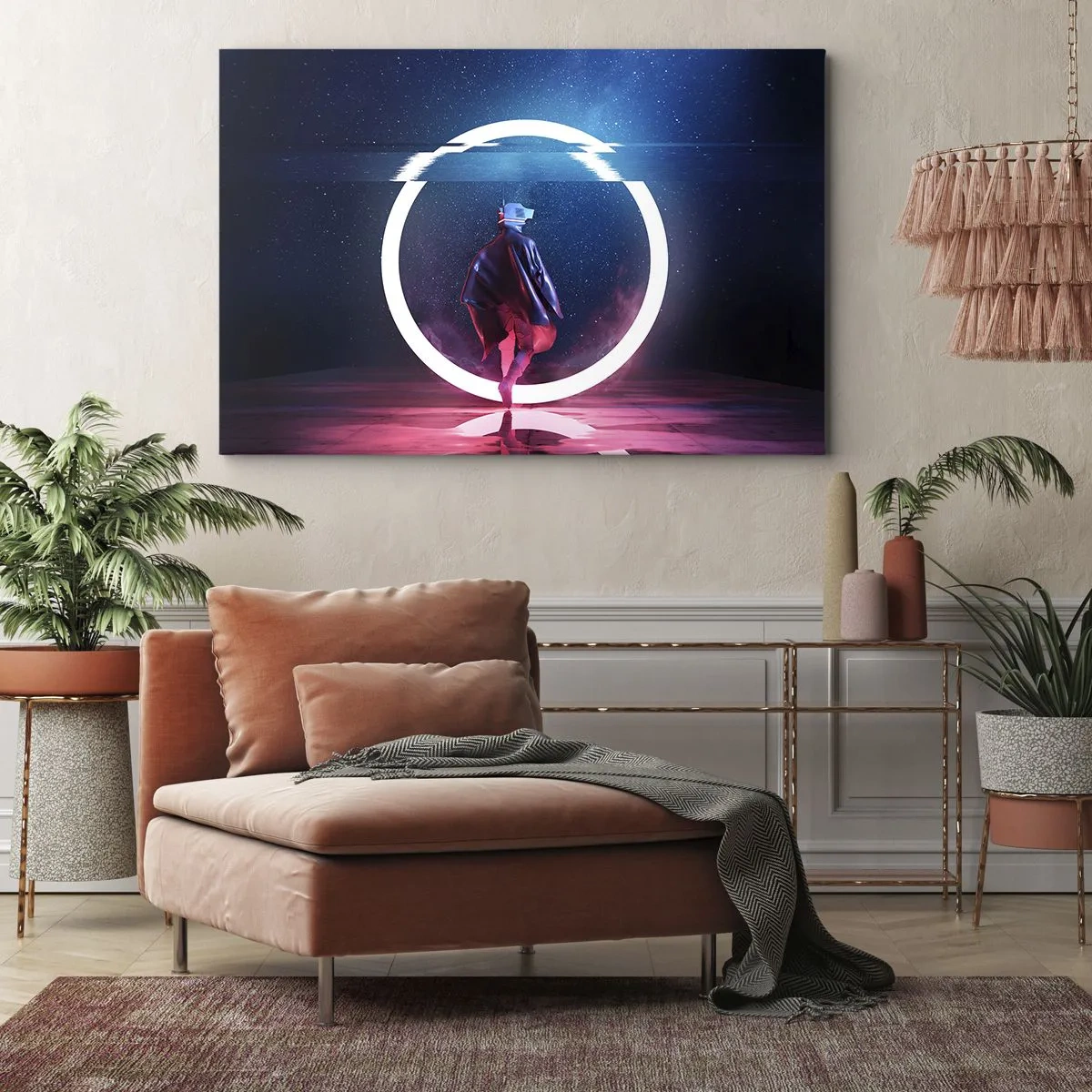 Bild auf Leinwand - Leinwandbild - Eine Figur in einer futuristischen Umgebung mit einem Neonkreis - 70x50cm - Zwischen den Welten - Moderne Wanddekoration für Wohnzimmer und Schlafzimmer ARTTOR