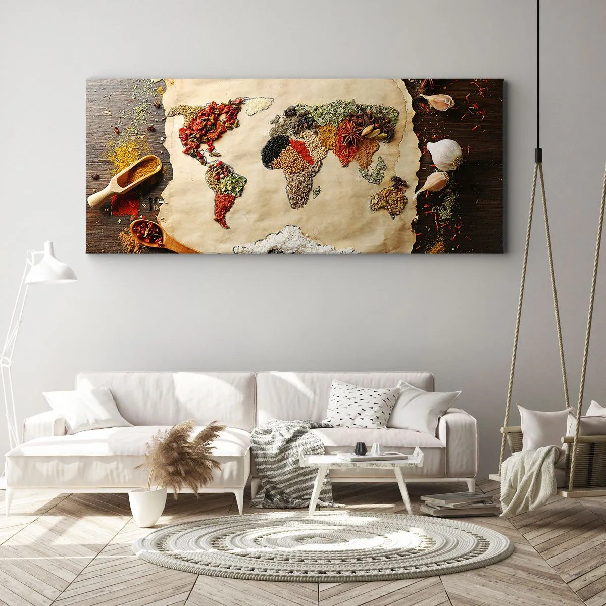 Bild auf Leinwand - Leinwandbild - Eine Weltkarte aus Gewürzen auf einem hölzernen Hintergrund. - 160x50cm - Alle Aromen der Welt - Moderne Wanddekoration für Wohnzimmer und Schlafzimmer ARTTOR