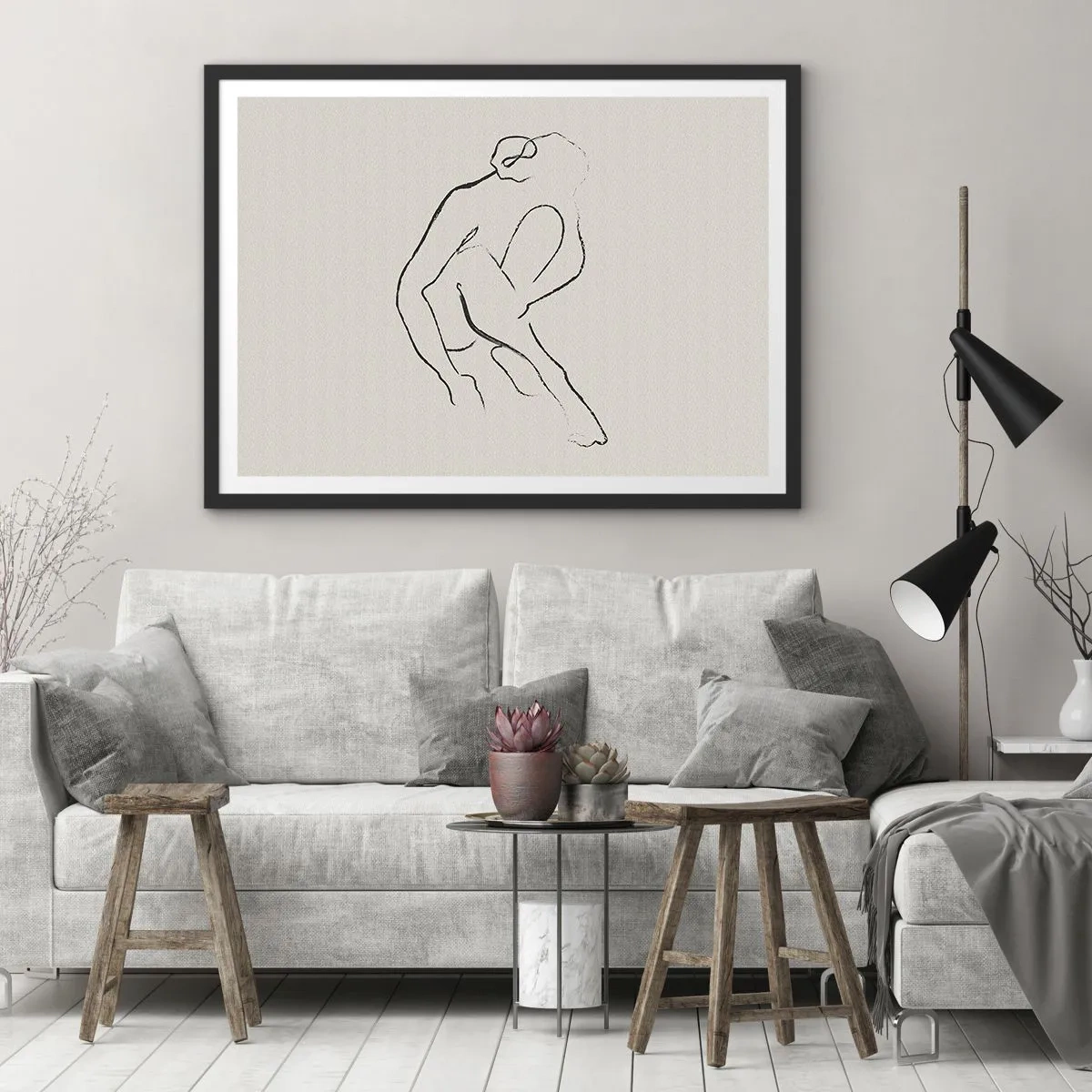 Poster in einem schwarzem Rahmen - Eine minimalistische Silhouette in Schwarz auf hellem Hintergrund - 70x50cm - Intime Skizze - Moderne Wanddekoration für Wohnzimmer und Schlafzimmer ARTTOR