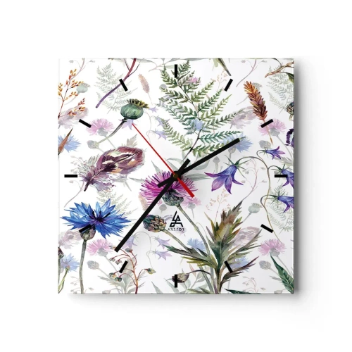 Wanduhr - Glasuhr - Aquarellblumen und Kräuter auf weißem Hintergrund im Herbarium-Stil - 30x30cm - Polnisches Herbarium - Moderne Wanddekoration für Wohnzimmer und Schlafzimmer ARTTOR