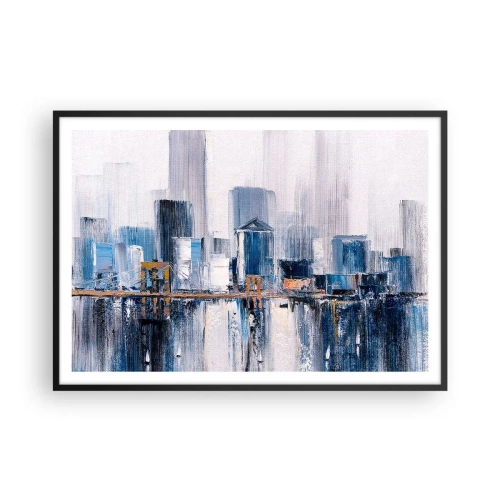 Poster in einem schwarzem Rahmen - Abstraktes Stadtpanorama mit Blau- und Gelbtönen - 100x70cm - New Yorker Eindruck - Moderne Wanddekoration für Wohnzimmer und Schlafzimmer ARTTOR