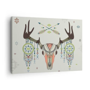 Bild auf Leinwand - Leinwandbild - Boho Deko mit Hirschschädel und Traumfänger - 70x50cm - Indische Jägertrophäe - Moderne Wanddekoration für Wohnzimmer und Schlafzimmer ARTTOR