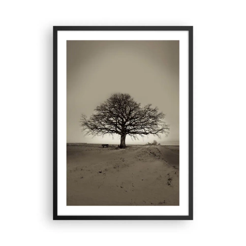 Poster in einem schwarzem Rahmen - Ein einsamer Baum in einer leeren Sepia-Landschaft - 50x70cm - Von hier zu Ewigkeit - Moderne Wanddekoration für Wohnzimmer und Schlafzimmer ARTTOR