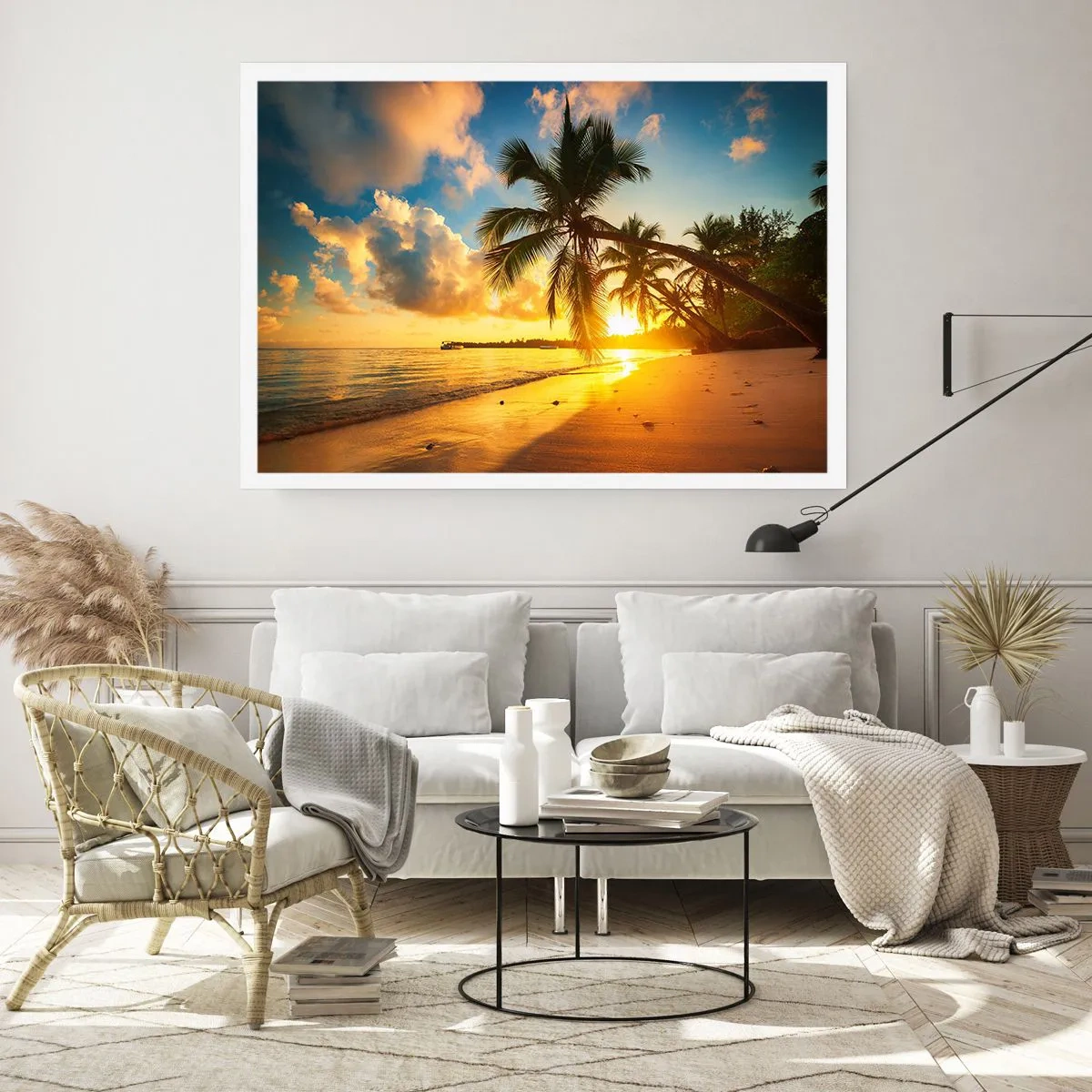 Poster - Sonnenuntergang am Strand mit Palmen an der Küste - 100x70cm - Karibischer Traum - Moderne Wanddekoration für Wohnzimmer und Schlafzimmer ARTTOR
