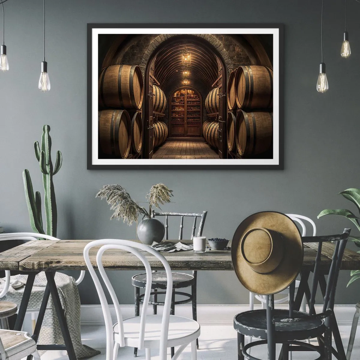 Poster in einem schwarzem Rahmen - Weinkeller mit Holzfässern und Weinregalen - 70x50cm - Stimmungsvoller Keller - Moderne Wanddekoration für Wohnzimmer und Schlafzimmer ARTTOR