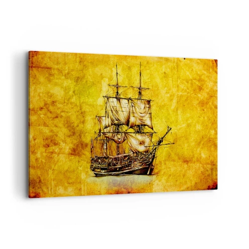 Bild auf Leinwand - Leinwandbild - Eine stilisierte Zeichnung eines Segelschiffs auf goldenem Hintergrund mit Vintage-Feeling. - 120x80cm - Richtung Tortuga! - Moderne Wanddekoration für Wohnzimmer und Schlafzimmer ARTTOR