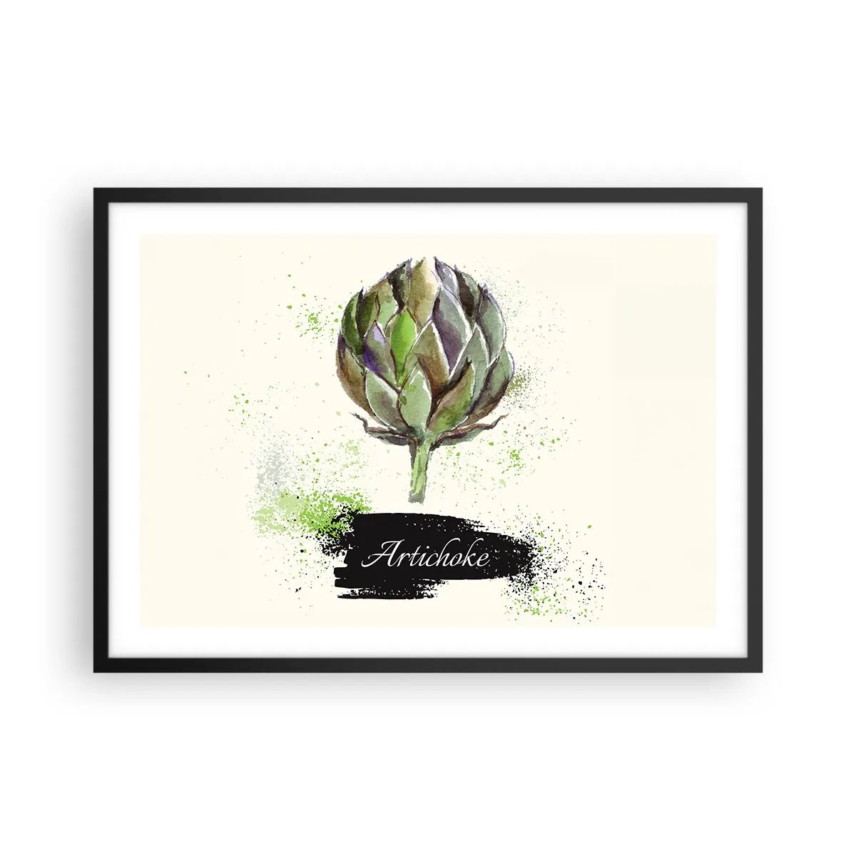 Poster in einem schwarzem Rahmen - Aquarell Artischocke mit Text auf hellem Hintergrund mit grünen Akzenten - 70x50cm - Eviva-Gemüse! - Moderne Wanddekoration für Wohnzimmer und Schlafzimmer ARTTOR