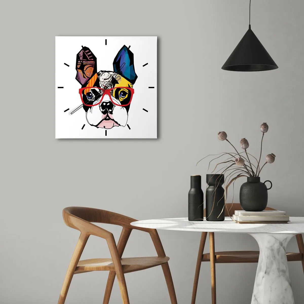 Wanduhr - Glasuhr - Bulldogge in einer bunten Illustration mit roter Brille - 30x30cm - Intellektuelle - Moderne Wanddekoration für Wohnzimmer und Schlafzimmer ARTTOR