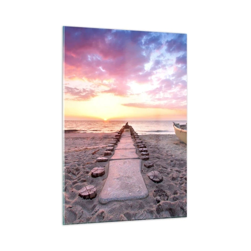 Glasbild - Bild auf glas - Sonnenuntergangsstrand mit Boot und Pier - 50x70cm - Ein Moment tiefer Erfahrung - Moderne Wanddekoration für Wohnzimmer und Schlafzimmer ARTTOR