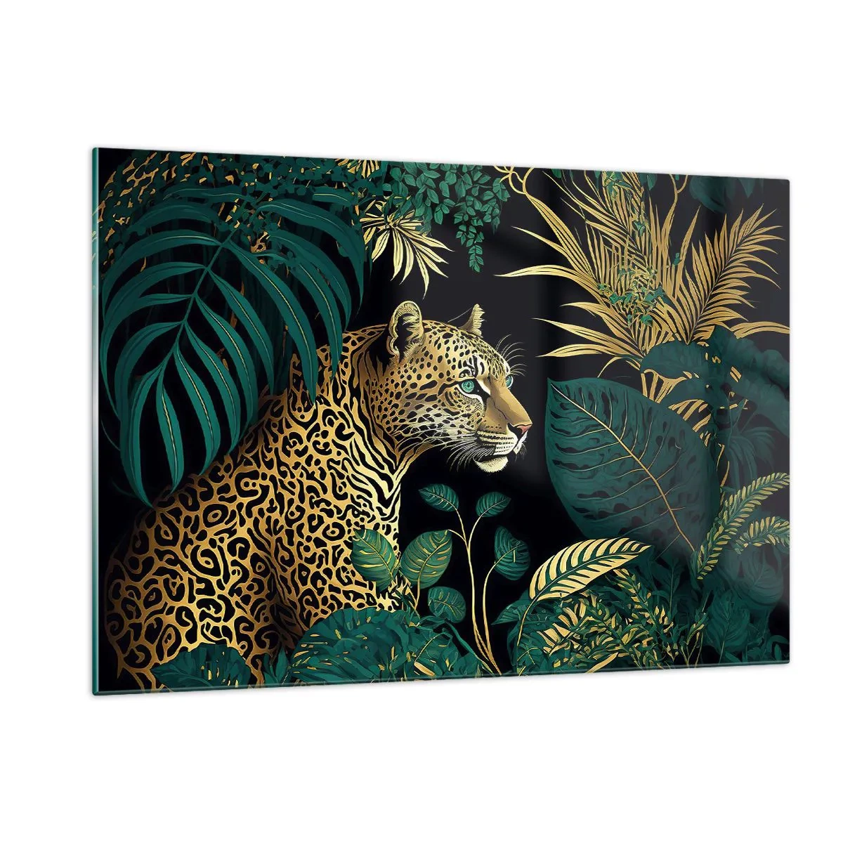Glasbild - Bild auf glas - Ein Leopard zwischen tropischen Blättern auf dunklem Hintergrund - 120x80cm - Gastgeber im Dschungel - Moderne Wanddekoration für Wohnzimmer und Schlafzimmer ARTTOR