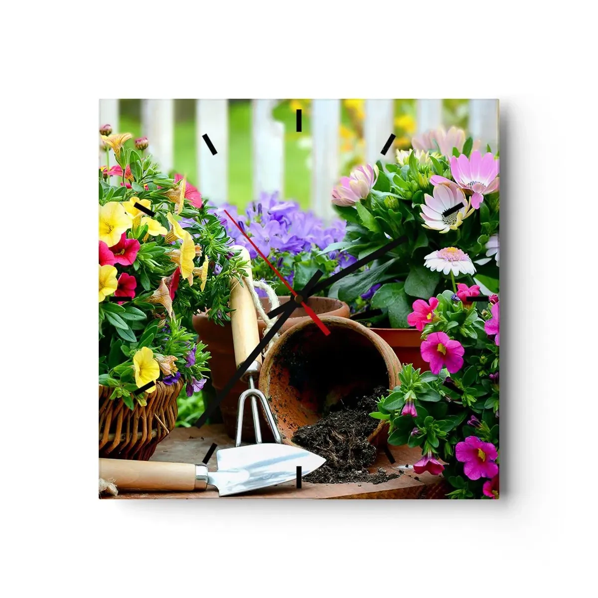 Wanduhr - Glasuhr - Bunte Blumen in Töpfen mit Gartengeräten auf dem Tisch - 30x30cm - Zosias Garten - Moderne Wanddekoration für Wohnzimmer und Schlafzimmer ARTTOR