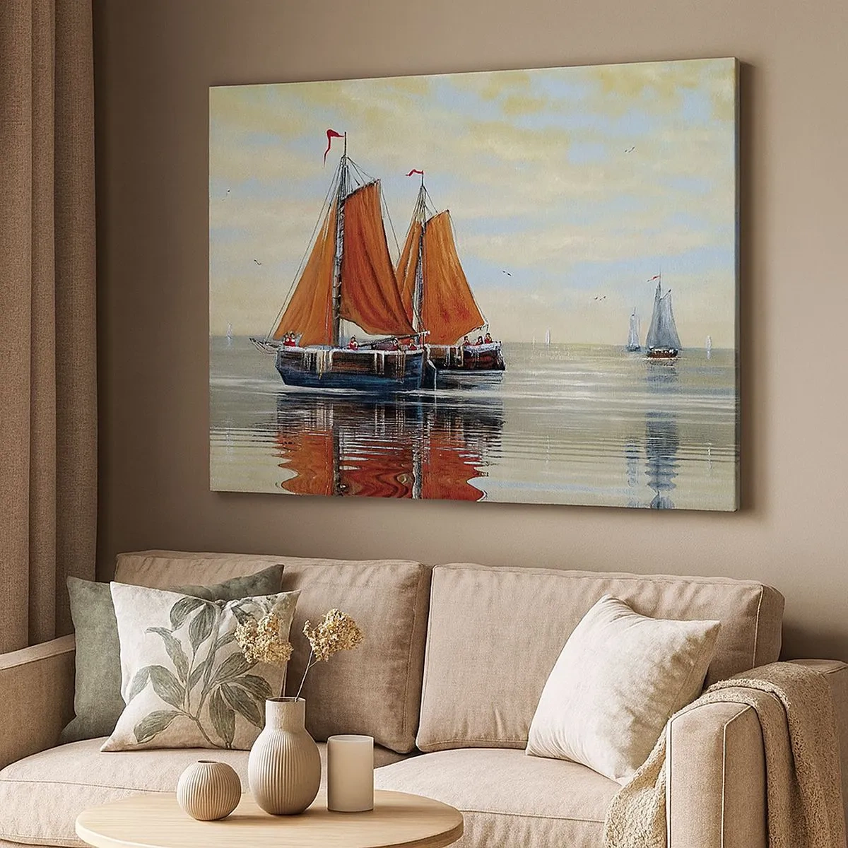 Bild auf Leinwand - Leinwandbild - Zweimast-Segelboote in ruhigem Wasser - 70x50cm - Hey, Segel, Matrose ... - Moderne Wanddekoration für Wohnzimmer und Schlafzimmer ARTTOR