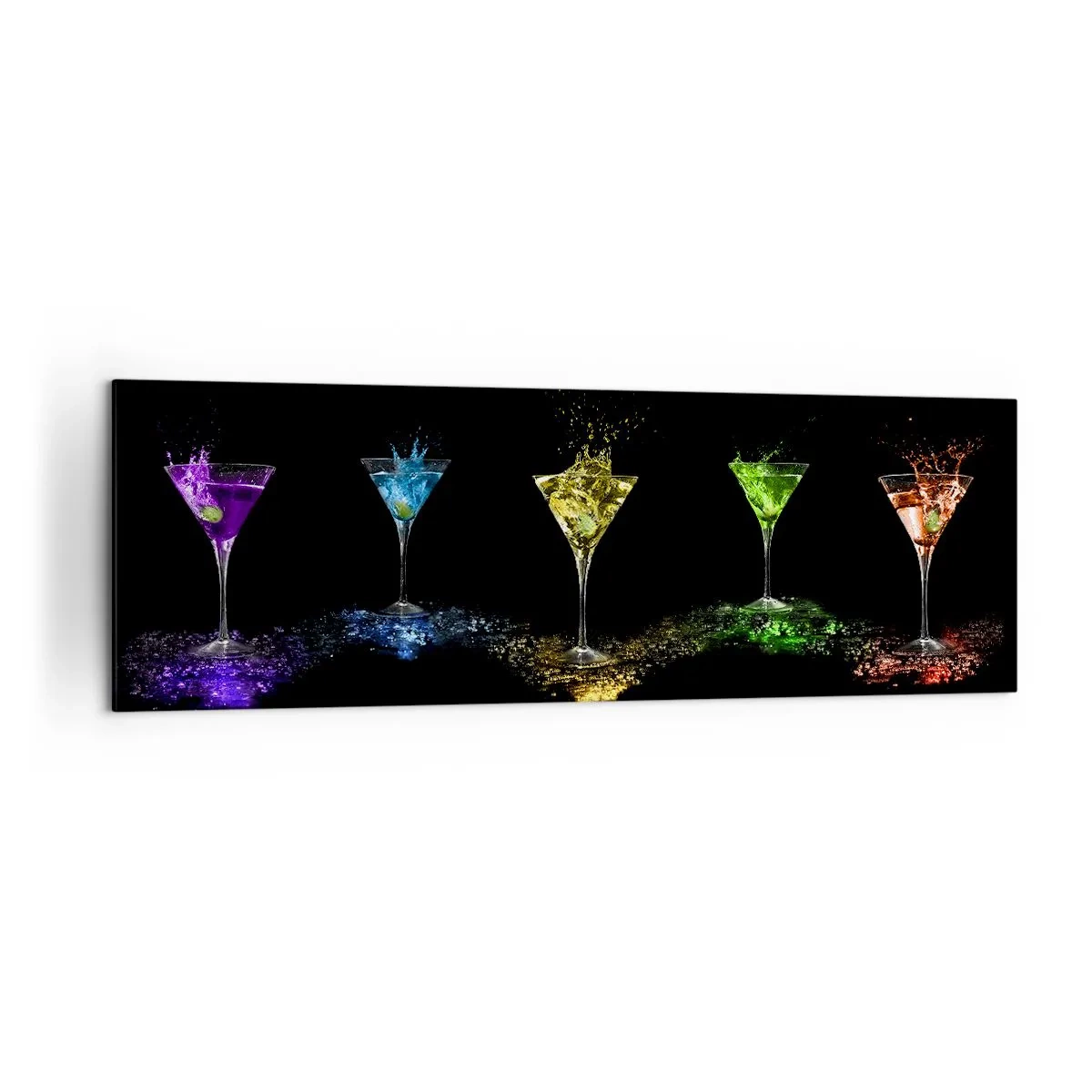 Bild auf Leinwand - Leinwandbild - Bunte Cocktails in Gläsern auf schwarzem Hintergrund - 160x50cm - Farben der Freude in Kristallglas - Moderne Wanddekoration für Wohnzimmer und Schlafzimmer ARTTOR