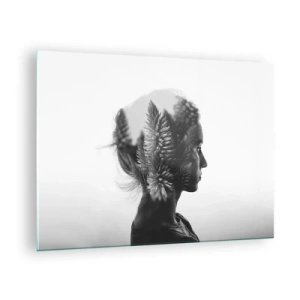 Glasbild - Bild auf glas - Eine Frau in Schwarz-Weiß mit einem darüber gelegten Nadelwaldmotiv - 70x50cm - Dame des Kiefernwaldes - Moderne Wanddekoration für Wohnzimmer und Schlafzimmer ARTTOR