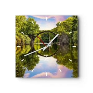 Wanduhr - Glasuhr - Eine Steinbrücke über einen Fluss mit einer perfekten Spiegelung im Wasser - 30x30cm - An der Kreuzung zweier Welten - Moderne Wanddekoration für Wohnzimmer und Schlafzimmer ARTTOR