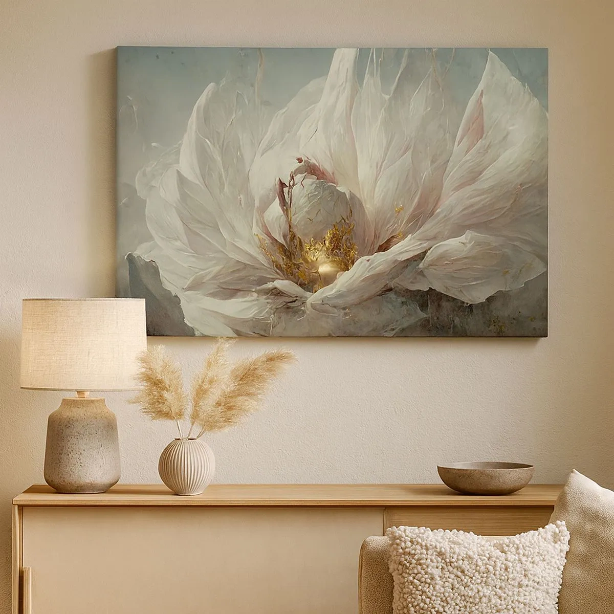 Bild auf Leinwand - Leinwandbild - Eine zarte weiße Blume mit subtilen goldenen Akzenten - 70x50cm - Sie blüht alle hundert Jahre einmal - Moderne Wanddekoration für Wohnzimmer und Schlafzimmer ARTTOR
