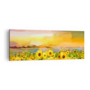 Bild auf Leinwand - Leinwandbild - Ein Sonnenblumenfeld im Licht der untergehenden Sonne - 140x50cm - Die Sonne selbst ist auf die Erde herabgestiegen - Moderne Wanddekoration für Wohnzimmer und Schlafzimmer ARTTOR