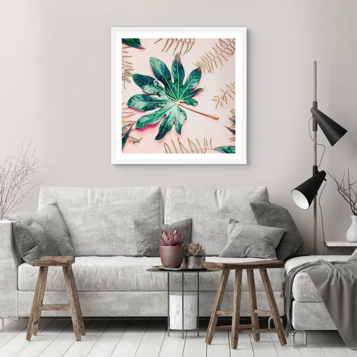 Poster in einem weißen Rahmen - Eine Studie von Grün auf einem rosa Hintergrund - 50x50 cm