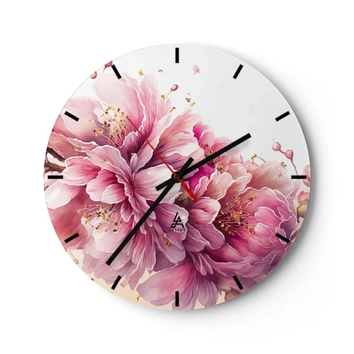 Wanduhr - Glasuhr - Blühende rosa Kirschblüten auf weißem Hintergrund im künstlerischen Stil - 30x30cm - Kirschblütenblüte - Moderne Wanddekoration für Wohnzimmer, Küche und Schlafzimmer ARTTOR
