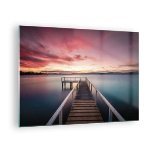 Glasbild - Bild auf glas - Lakeside Pier bei Sonnenuntergang mit einem rosa Himmel - 70x50cm - Die sanfte Flamme des Abends - Moderne Wanddekoration für Wohnzimmer und Schlafzimmer ARTTOR