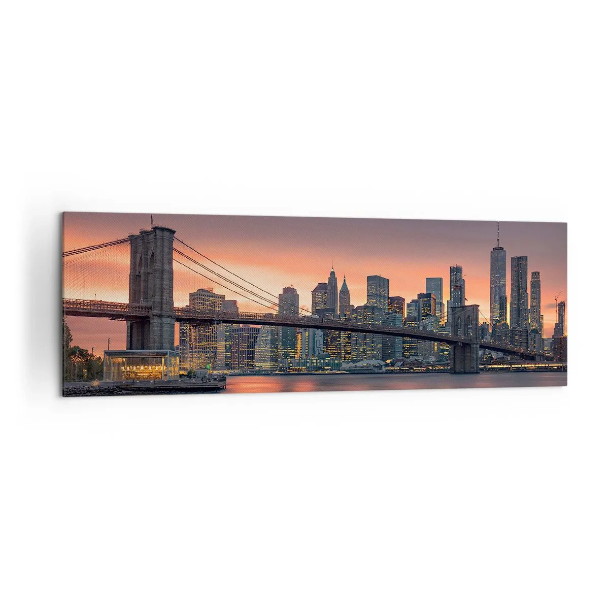 Bild auf Leinwand - Leinwandbild - Nachtpanorama der Stadt mit einer Brücke und einem beleuchteten Himmel - 160x50cm - Eingetaucht in lila Stille - Moderne Wanddekoration für Wohnzimmer und Schlafzimmer ARTTOR