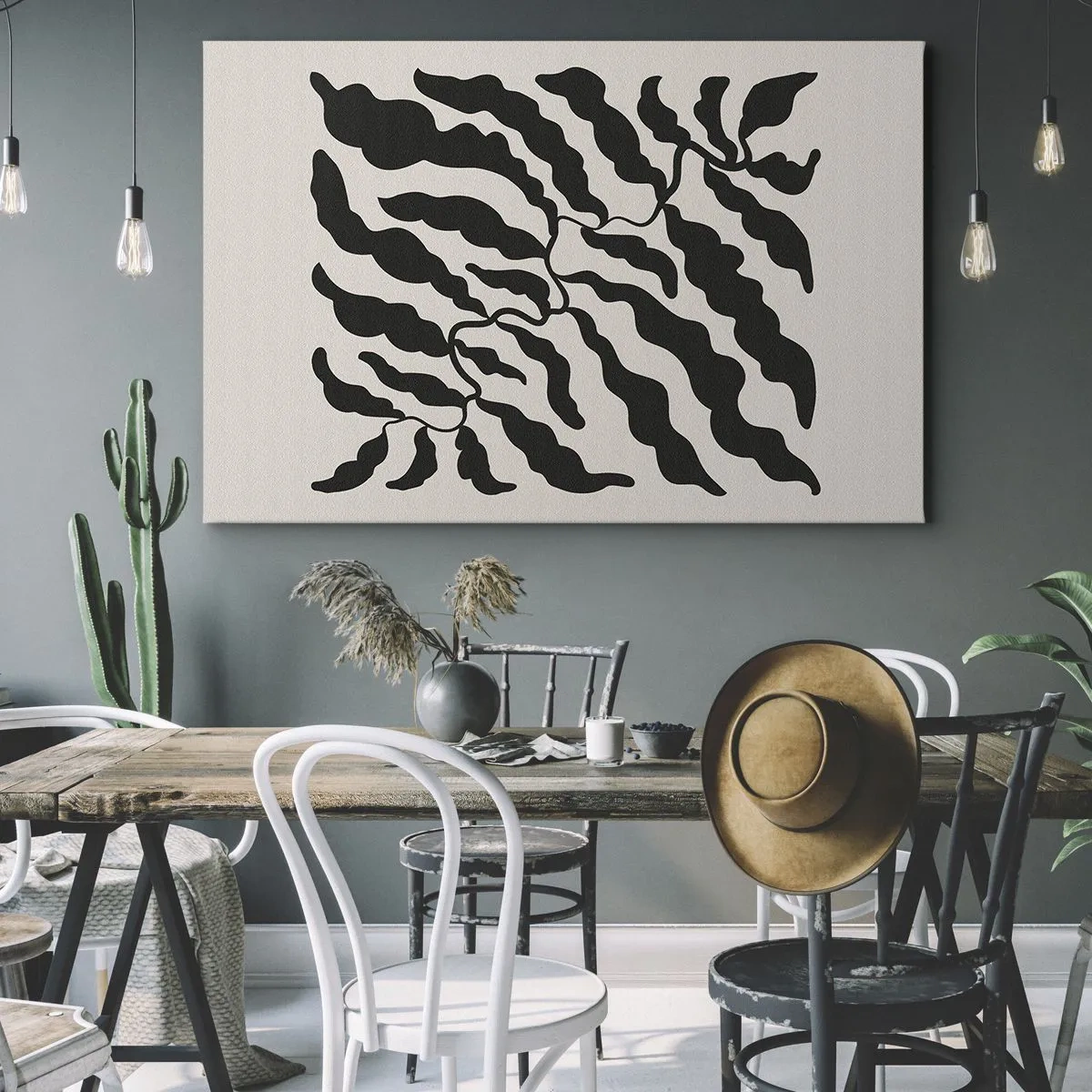 Bild auf Leinwand - Leinwandbild - Zweige mit Blättern in Schwarz auf hellem Hintergrund - 100x70cm - Natur des Quadrats - Moderne Wanddekoration für Wohnzimmer und Schlafzimmer ARTTOR