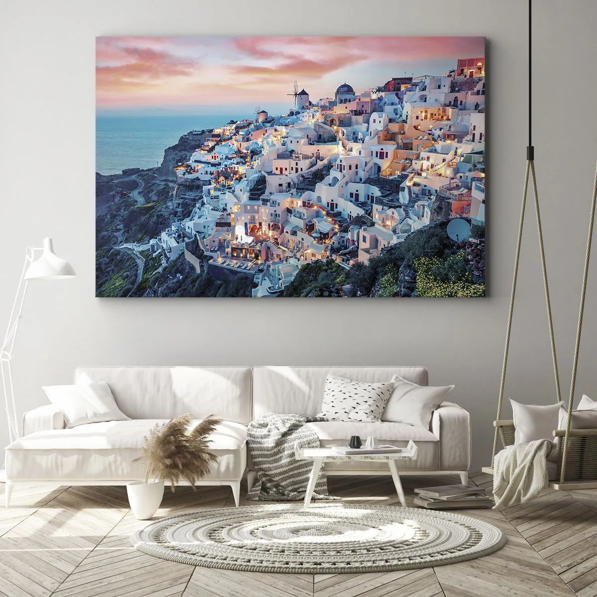 Bild auf Leinwand - Leinwandbild - Santorini bei Sonnenuntergang mit weißen Gebäuden auf dem Hügel - 70x50cm - Dein toller griechischer Urlaub - Moderne Wanddekoration für Wohnzimmer und Schlafzimmer ARTTOR