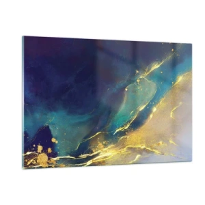 Glasbild - Bild auf glas - Eine abstrakte Komposition in den Farbtönen Marineblau, Türkis und Gold - 120x80cm - Der goldene Teich - Moderne Wanddekoration für Wohnzimmer und Schlafzimmer ARTTOR