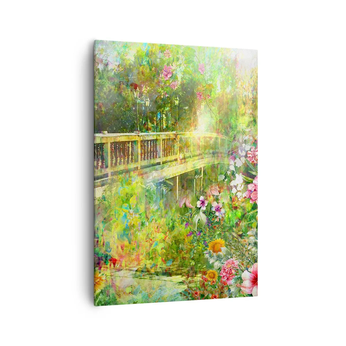 Bild auf Leinwand - Leinwandbild - Eine Brücke umgeben von üppiger Vegetation und Blumen - 70x100cm - Eine Brücke aus Frühlingsseufzern - Moderne Wanddekoration für Wohnzimmer und Schlafzimmer ARTTOR