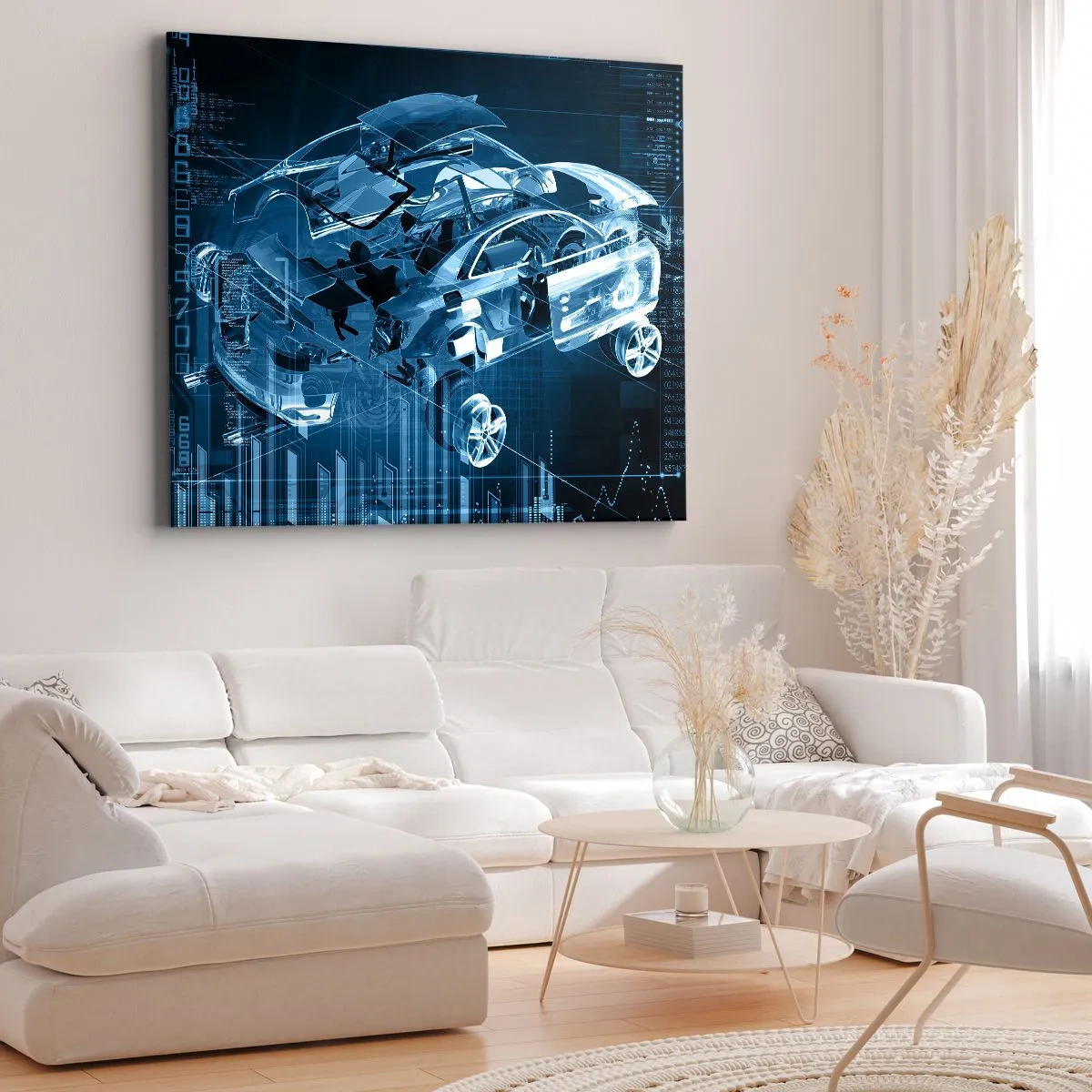 Bild auf Leinwand - Leinwandbild - Eine moderne technische Zeichnung eines Autos mit Strukturelementen - 100x70cm - Technische Anatomie - Moderne Wanddekoration für Wohnzimmer und Schlafzimmer ARTTOR