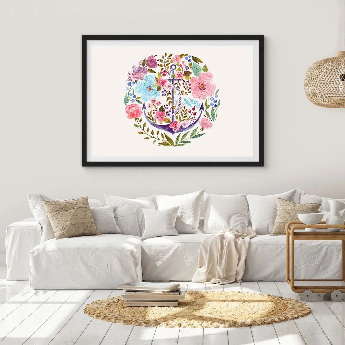 Poster in einem schwarzem Rahmen - Ein Anker, umgeben von Aquarellblumen auf hellem Hintergrund - 70x50cm - Guter Traum eines Seemanns - Moderne Wanddekoration für Wohnzimmer und Schlafzimmer ARTTOR
