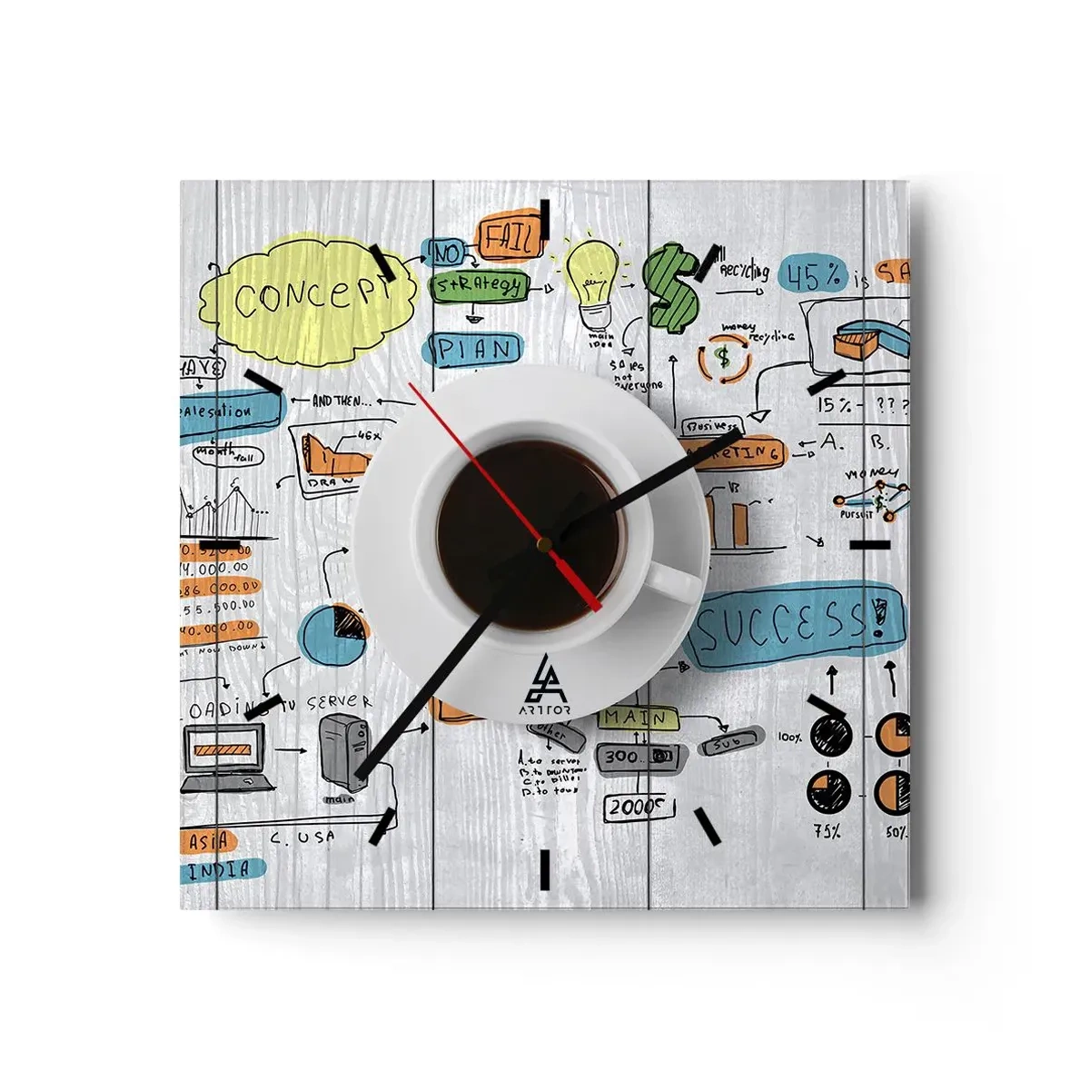 Wanduhr - Glasuhr - Eine Tasse Kaffee vor dem Hintergrund einer konzeptionellen Zeichnung - 30x30cm - Zeit für eine Pause - Moderne Wanddekoration für Wohnzimmer und Schlafzimmer ARTTOR