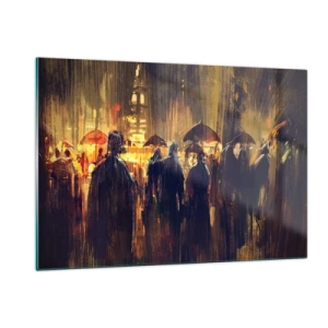 Glasbild - Bild auf glas - Eine Menschenmenge mit Regenschirmen im Regen vor der Kulisse der Lichter der Stadt - 120x80cm - Anhänger des Regens - Moderne Wanddekoration für Wohnzimmer und Schlafzimmer ARTTOR